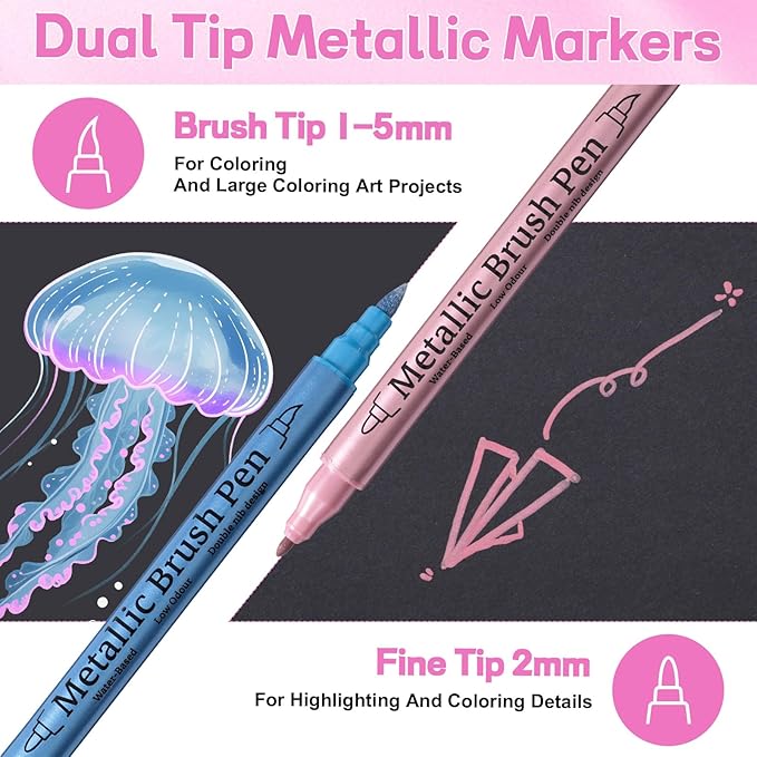 24 Pack Metallic Markers, Dual Tip Glitter Pens for Black Paper & Rock Painting Metallic Acrylic Paint Markers for DIY Crafts, Scrapbooking, Glass, Wood, Cards Alcohol Based Quick Dry Ink-DeskLoop Office
