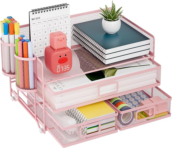 Marbrasse 3 Tier Mesh Desk Organizer with Drawer, Multi-Functional Desk Organizers and Accessories, Paper Letter Organizer with 2 Pen Holder for Home Office Supplies (Pink)-DeskLoop Office