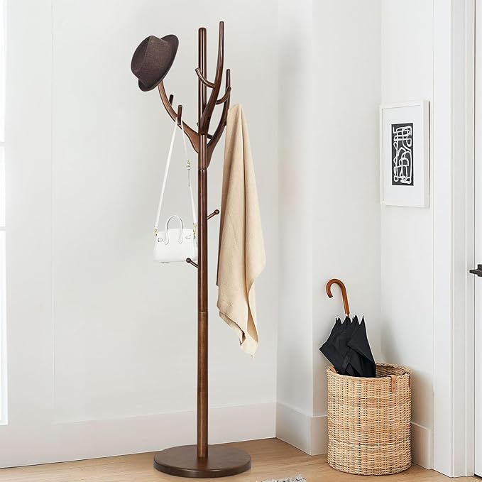 Wood Coat Rack, Coat Tree Freestanding Wooden Coat Rack Stand with 12 Hooks, Heavy Duty Hall Tree Coat Hat Stand with Sturdy Base, Free Standing Coat Racks for Entryway, Bedroom, Brown-DeskLoop Office