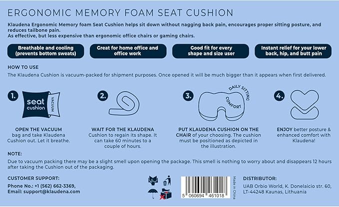 Klaudena | Office Chair Cushion for Tailbone Pain & Pressure Relief | Seat Cushion for Long Sitting Hours | Coccyx Lower Back Support | Memory Foam Cushions for Hip & Sciatica | Ergonomic Butt Pillow-DeskLoop Office
