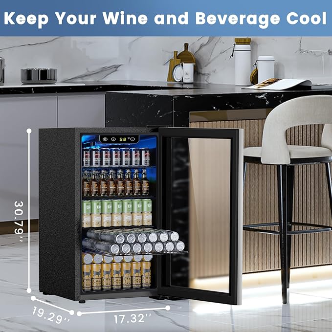 Mini Fridge 130 Can Beverage Refrigerator Cooler, 3.2 Cu.Ft Drink Fridge forSoda Wine Beer, Digital Temperature Control Cooler for Home, Dorm, Bar-DeskLoop Office