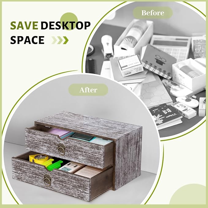 Wood Desk Organizer, Washed Brown Wooden Desktop Organizer - Image 6