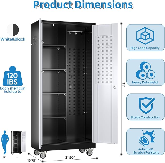 Garage Storage Cabinet with Wheels, Metal Tool Cabinet with Pegboards and 4 Adjustable Shelves, Garage Storage System with Lockable Door for Shools, Offices, Gyms and Pantries, Black and White-DeskLoop Office