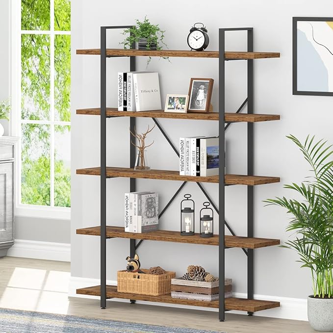 HSH Rustic Bookcases and Book Shelves 5 Shelf, Metal Wood 5 Tier Bookshelf and Storage Book Rack, Vintage Large Book Shelf for Bedroom Living Room Office,Open Vertical Display Etagere Book Case, Brown-DeskLoop Office