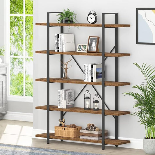 HSH Rustic Bookcases and Book Shelves 5 Shelf, Metal Wood 5 Tier Bookshelf and Storage Book Rack, Vintage Large Book Shelf for Bedroom Living Room Office,Open Vertical Display Etagere Book Case, Brown-DeskLoop Office