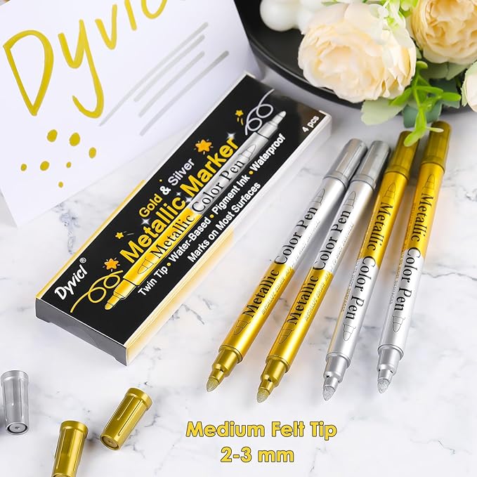 Dyvicl Metallic Marker Pens Dual Tip, Permanent Metallic Silver and Gold Paint Pens for Black Paper, Wine Glass, Rock Painting, Christmas Card Making, Scrapbook, DIY Art Crafts, Set of 4-DeskLoop Office