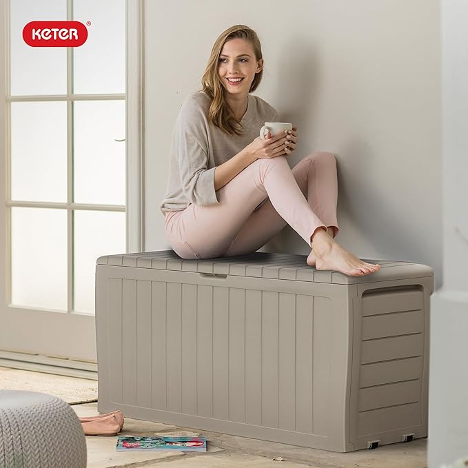 Keter Marvel Plus 71 Gallon Resin Deck Box-Organization and Storage for Patio Furniture Outdoor Cushions, Throw Pillows, Garden Tools and Pool Floats, Beige-DeskLoop Office