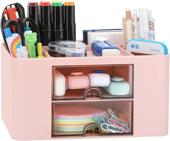 Desk Organizer with 2 Drawer, Plastic Desktop Pen Pencil Card Holder Storage Box by LETURE