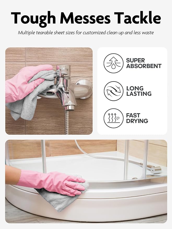 Fantasticlean Microfiber Cleaning Cloth Roll -60 Pack, Tear Away Microfiber Towels, 12" x 12", Reusable, Washable, Scratch Free, Ultra Absorbent Dish Rags for Car, Home, Garage or Shop (Pink & Grey)-DeskLoop Office