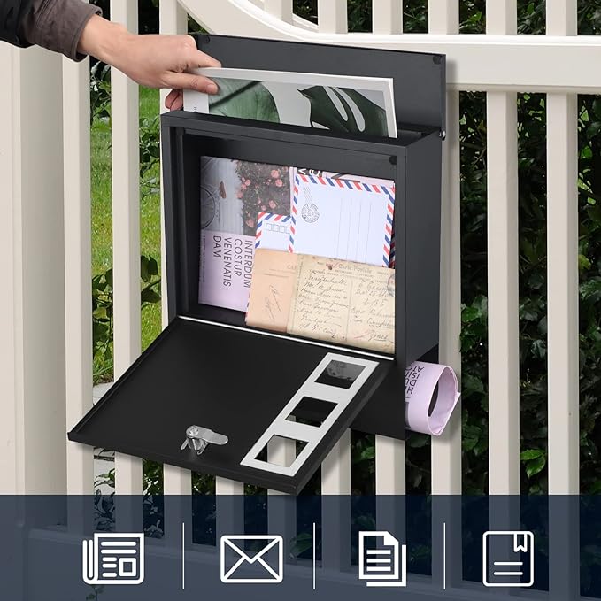KYODOLED Locking Mailbox Wall Mount, Locked Mail Boxes, Mailbox with Key Lock for Outside, Large Capacity Drop Box for Newspapers, 13 x 3.4 x 11.8 Inch, Black-DeskLoop Office
