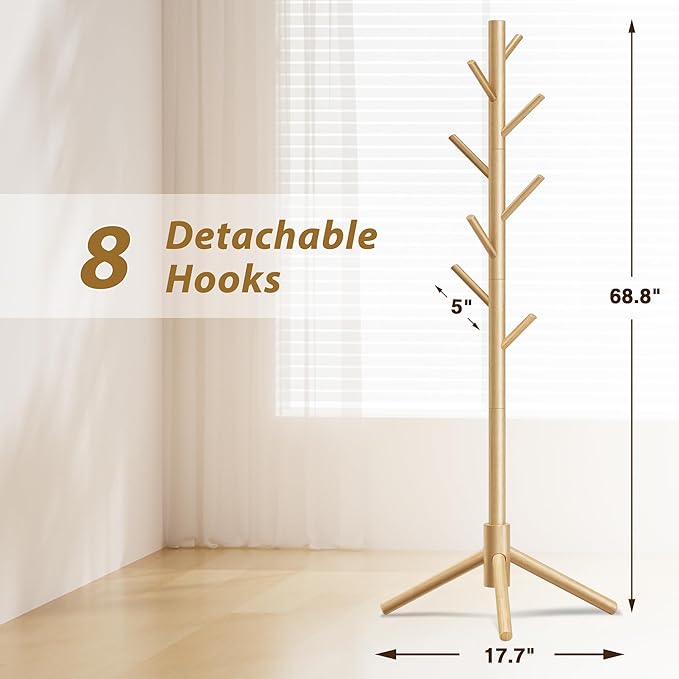 Wooden Coat Rack, Free Standing Coat Rack with 8 Hooks 3 Adjustable Heights for Clothes, Hats, Handbags, Coat Tree Easy Assembly for Entryway, Bedroom, Hallway, Office (New Nature)-DeskLoop Office