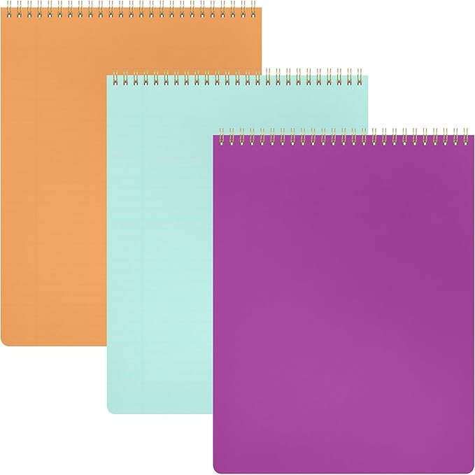 PAPERAGE Top Bound Spiral Notebook, 3 Pack, Lined Notepad, (Raspberry/Marigold/Mint), 70 Sheets (140 Pages) Per Notebook, Wide/Legal Ruled, 8.5 inches x 11 inches-DeskLoop Office