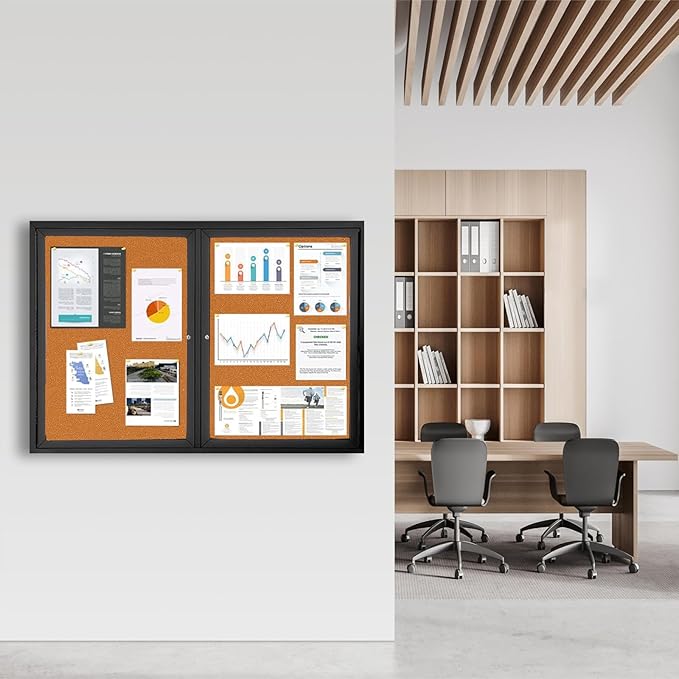 Enclosed Bulletin Board Lockable,Double-Door Weatherproof Outdoor Noticeboard with Locking Door, Wall-Mounted Aluminum Framed Presentation Board, 44x32 Inch (8xA4)-DeskLoop Office