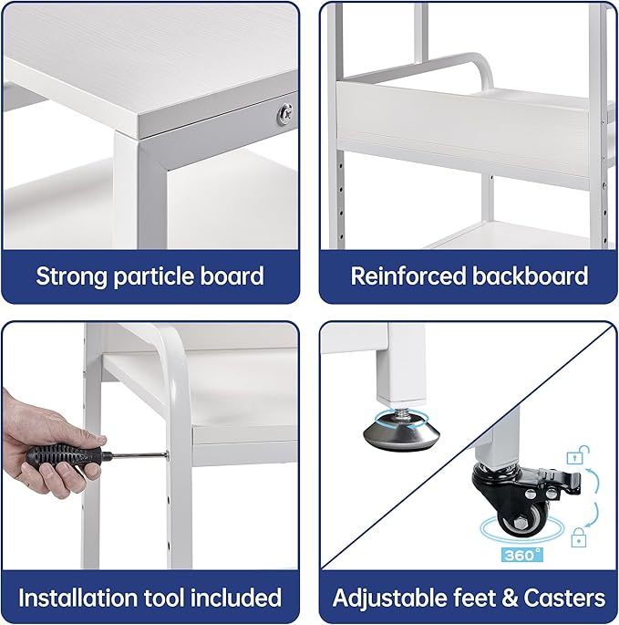 Printer Stand, 25.6" x 23.6" x 30.9" Extra Large Printer Table with Adjustable Storage Shelf, 3 Tier Rolling Printer Cart with Industrial Wheels for Home Office, White-DeskLoop Office