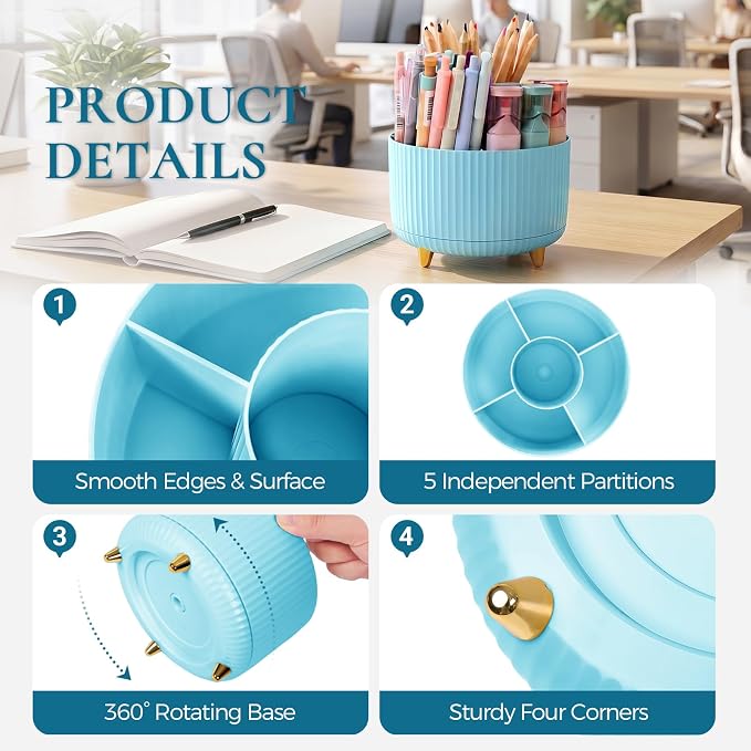 KONVINIT Pencil Pen Holder for Desk, 5 Slots 360-Degree Rotating Desktop - Image 4