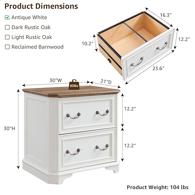 T4TREAM 2 Drawer File Cabinet-30 Wide Wooden Extended Desktop, Farmhouse Filing Cabinet with Smooth Rails, Holds Letter/Legal/A4, Hexagonal Design & Framed Drawer Fronts, Antique White-DeskLoop Office