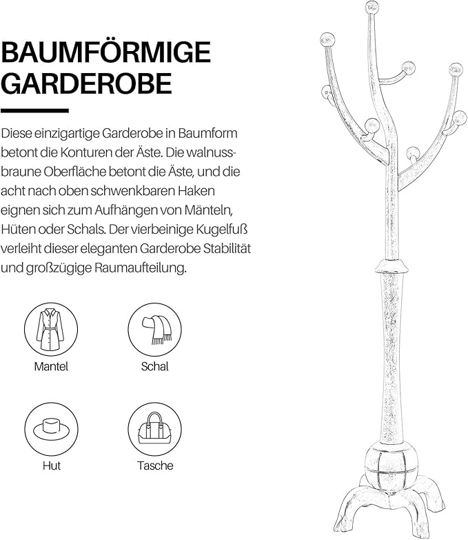 Heavy Duty Coat Rack Freestanding Wood Tree Rack with 8 Hooks, Unique Design Tree Branch-look, Premium Coat Tree Clothes Hanger Stand with Sphere Base for Entryway, Hallway, Bedroom-Load 160lbs Black-DeskLoop Office