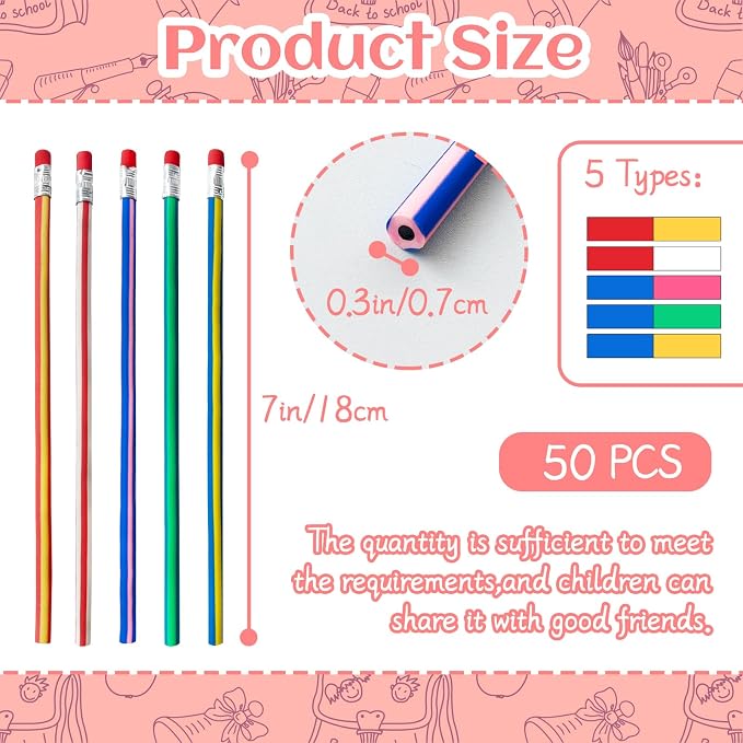 50 Pack Flexible Bendy Pencil, Colorful Stripe Soft Rubber Pencils - Image 2