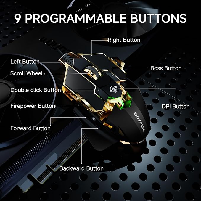 EWEADN G5 Wired Gaming Mouse, Ergonomic RGB Computer Mouse, 12800 Adjustable DPI, 9 Programmable Macro Buttons with Rapid Fire Key Compatible for PC/Laptop/Windows- Black&Gold-DeskLoop Office