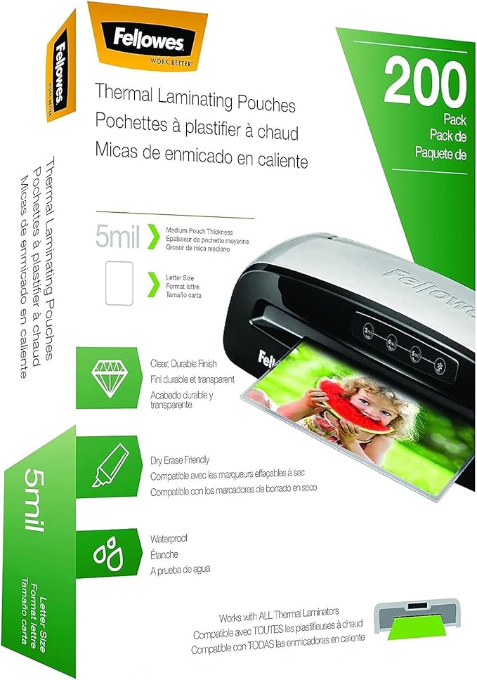 Fellowes Thermal Laminating Pouches, Letter Size Sheets, 5mil 200pk, Clear (5743601)-DeskLoop Office