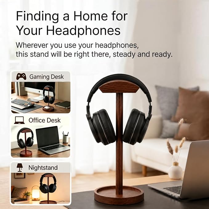 Headphone Stand Nature Wood Headset Hanger Mount Hook Gaming Holder Desktop - Image 3