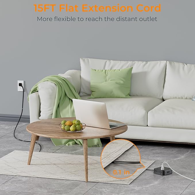 15 FT Extension Cord, TESSAN Ultra Thin Flat Plug Power Strip Surge Protector with 8 Outlets 3 USB Charger(1 USB C), 900J Surge Protection Charging Station for Home Office Dorm Room Essentials, Black-DeskLoop Office