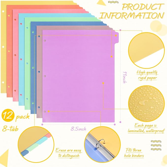 Honoson 12 Sets 8 Tab Dividers for 3 Ring Binders Plastic File 8.5 x 11 Inch - Image 2