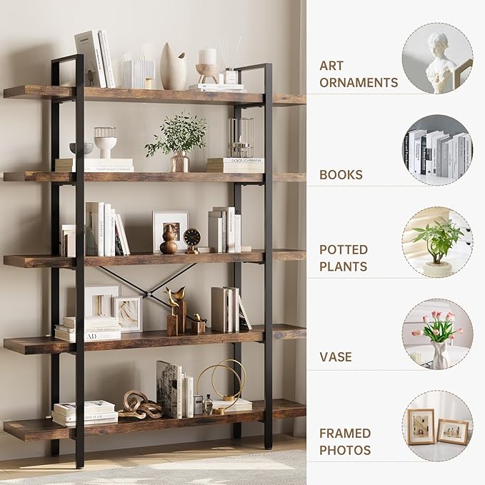 Heavy Duty 5-Tier Industrial Bookcase, 47" Wide Wood Bookshelf for Home Office, 120lbs Shelf Capacity, Rustic Open Shelving Display with Reinforced Horizontal Shelf for Living Room Bedroom-DeskLoop Office