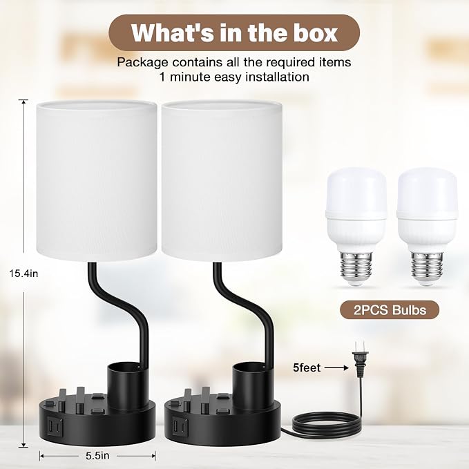 White Bedside Table Lamps for Bedroom Set of 2 - Image 3