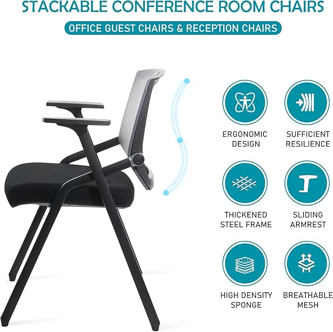 Conference Room Chairs, Folding Office Desk Chair with Lumbar Support and Sliding Armrest, Stackable Office Guest Chairs & Reception Chairs(8 Pack)-DeskLoop Office