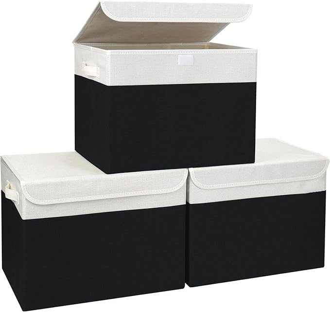Large 17" 42 Quarts Collapsible Stackable Storage Bins with Lids [3-Pack] Foldable Fabric Linen Storage Boxes Cube, Closet Organizer Baskets with Label for Home (16.7 x 12 x 12", Black & White)-DeskLoop Office