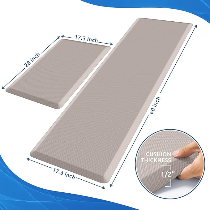 KitchenClouds 2PCS Kitchen Rugs Cushioned Anti-Fatigue Non-Slip Waterproof Kitchen Mat Comfort Foam Standing Mat for Floor Office Sink Laundry (Khaki)-DeskLoop Office