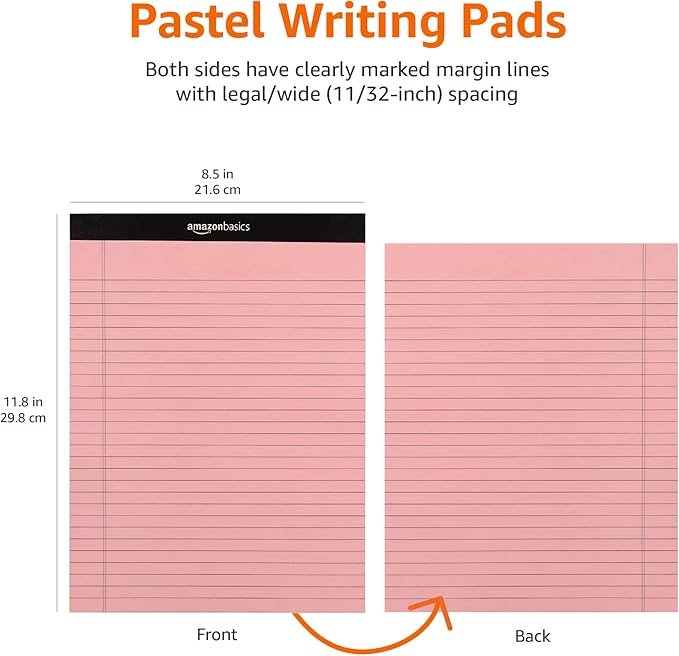 Amazon Basics Wide Ruled 8.5 x 11.75-Inch 50 Sheet Perforated Lined Writing Note Pads, Pack of 6, 300 Count, Multicolor-DeskLoop Office