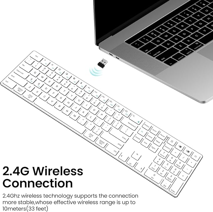 2.4G Wireless and Bluetooth Keyboard with Numeric Keypad, Multi-Device, Rechargeable, Compatible with Mac, Windows (White)-DeskLoop Office