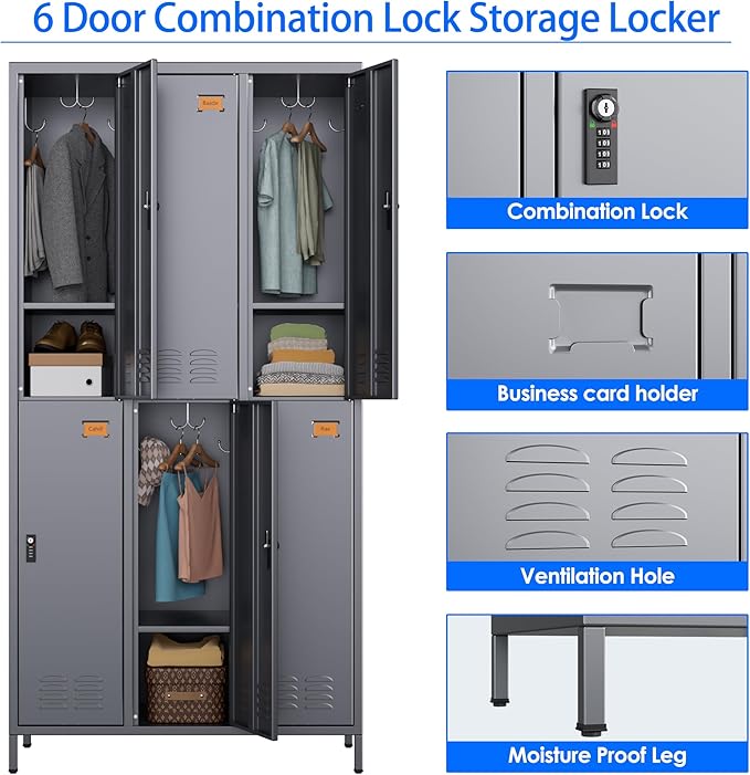 6 Doors Metal Locker for Employees with Combination Locks,Metal Lockers with Business Card Holder and 18 Hooks for School Garage Office Gym Home,Assembly Required,Dark Grey-DeskLoop Office