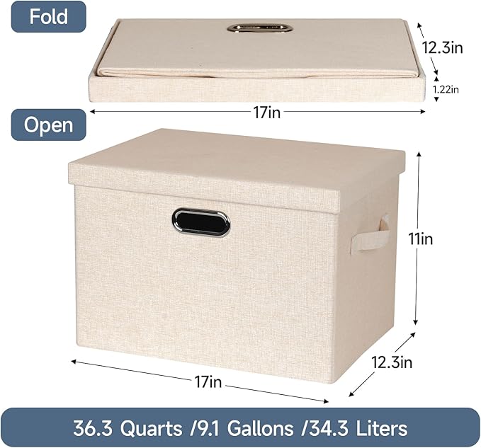 Large 17" 36 Quart Collapsible Stackable Storage Bins with Lids, 3 Packs Light Orange Linen Fabric Closet Boxes with Lids, Storage Cube Baskets Container Organizers for Office (17x12x11)-DeskLoop Office