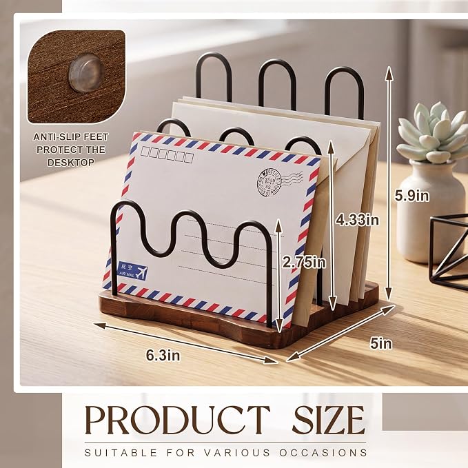 SiliFine Desktop Metal Mail Organizer, Wood Base Desktop 3-slot Letter Holder - Image 2