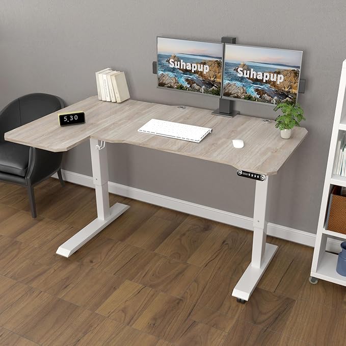 Electric Height Adjustable Standing Desk, Sit - Stand Desk for Work or Home Office Push Button Memory Settings Splice Board (Light Oak, 59x24)-DeskLoop Office