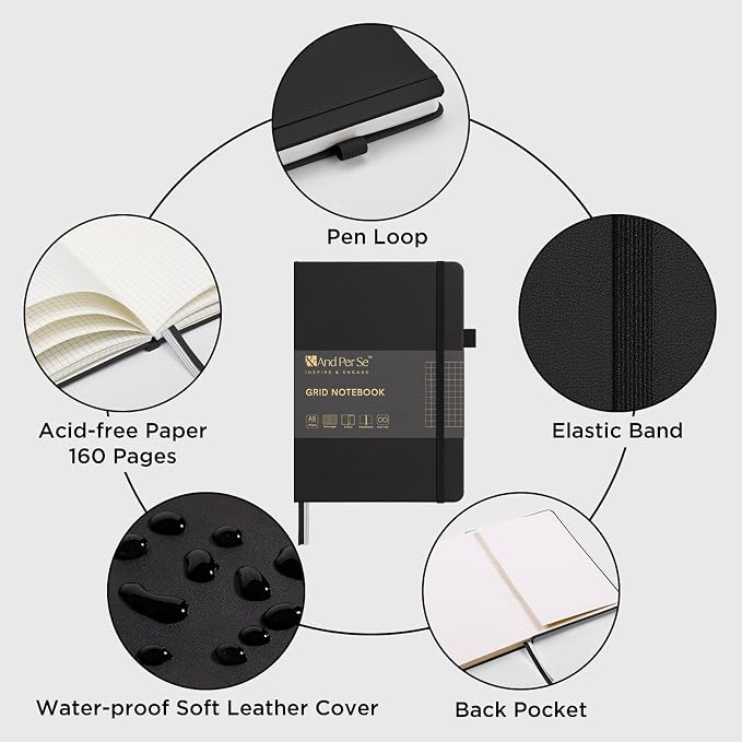 &And Per Se Graph Notebook, 5mm Grid, A5 Hardcover, 160 Pages 100gsm Thick Paper - Image 3