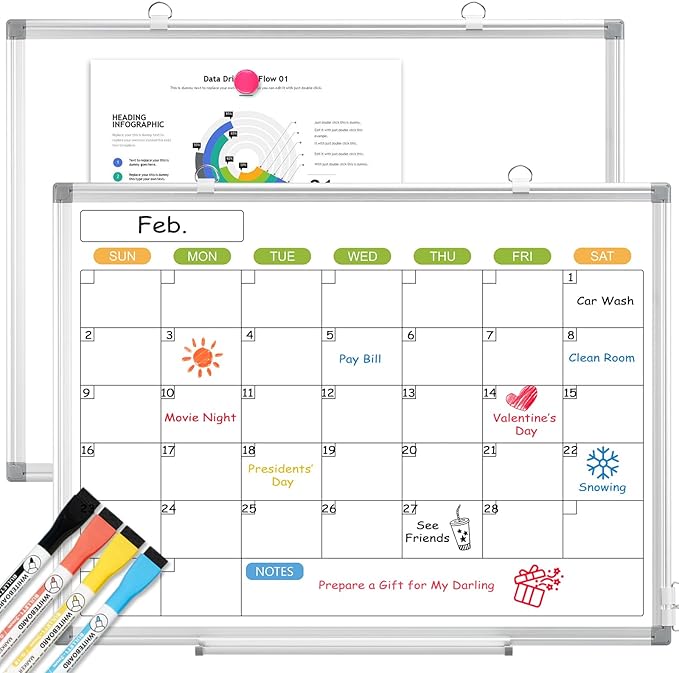 Dry Erase Calendar Whiteboard for Wall, 24" x 18" Magnetic Monthly White Board Calendar, Hanging Double-Sided White Board for Planning, Memo, School, Home, Office-DeskLoop Office