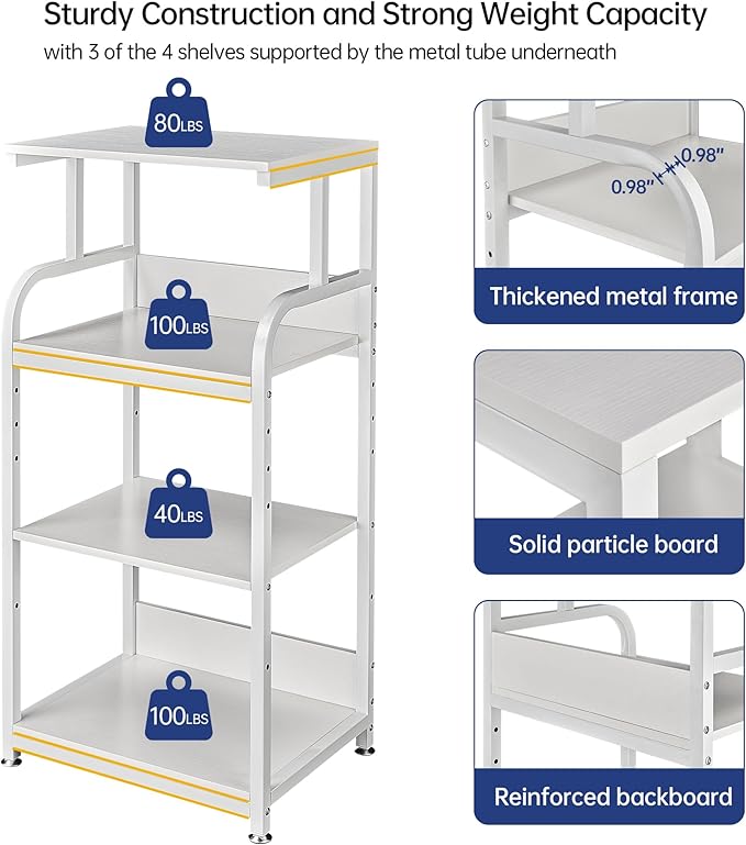 4 Tier White Printer Stand Table with Adjustable Shelves, Movable Printer Shredder Stand with Wheels for Home Office Storage and Organization, Rolling Cart for Computer Tower CPU-DeskLoop Office