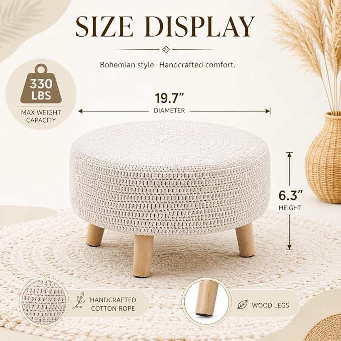 Wimarsbon Pouf Ottoman, 100% Cotton Knitted Boho Footstool, Round Footrest - Image 3