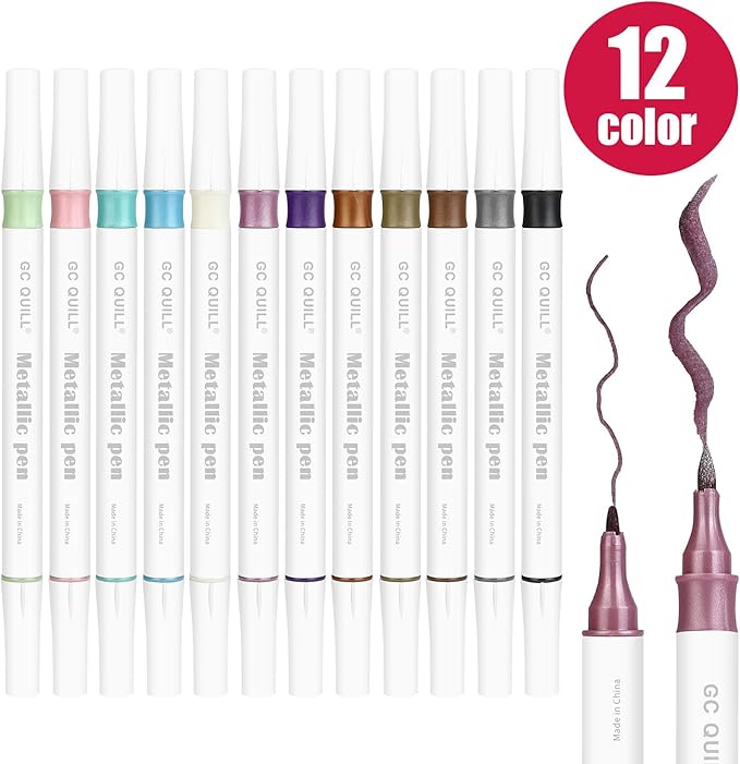 GC QUILL 12 Colors Metallic Marker Pens - Dual Tip Brush and Fine Point Pens for DIY Album, Black Cards, Scrapbooking, Craft Supplies, on Ceramic, Stone, Glass, Fabric GC-MP12-DeskLoop Office