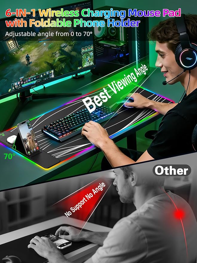 Mouse Pad with Foldable Phone Holder & Wireless Charger, XXL RGB Gaming - Image 2