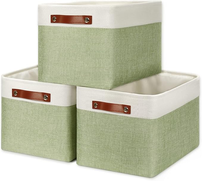 DULLEMELO Fabric Storage Bins for Laundry, Home, Foldable Storage Baskets for Shelves, Toys, Collapsible Storage Bins for Office,Bedroom(3-Pack Medium-15 inch X 11 inch X 9.5 inch , White&Green)-DeskLoop Office