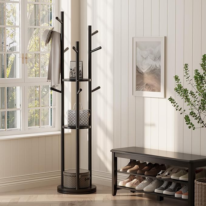 Solid Wood Rotary Coat Rack, Freestanding Coat Rack with 3 Shelves and 9 Hooks, Coat tree for Bedroom, Entryway, Livingroom, Coat Hanger Stand for Coats, Scarves, Handbags (Black)-DeskLoop Office