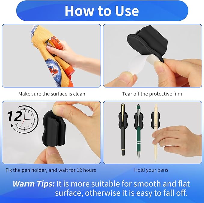 Adhesive Pen Pencil Holder for Desk Wall, 12PCS Marker Holder for Whiteboard Silicone Pen Holder for Clipboard Office Essentials Teacher Supplies (12PCS Black)-DeskLoop Office