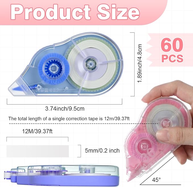 60 Pcs Colorful Correction Tape 39.4 ft White Wrong out Tear Resistant Bulk - Image 2