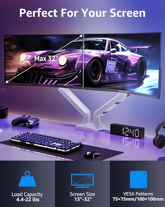 Dual Monitor Mount for 32 27 24 22inch Screens, Gas Spring Monitor Stand for 2 Monitor, Full Adjustable Monitors Desk Mount with C-Clamp＆Grommet Base, Each Arm Holds 4.4-22 lbs, Freelift Pro White-DeskLoop Office