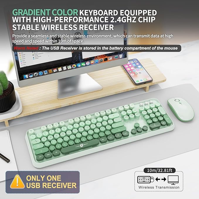 FOPETT Wireless Keyboard and Mouse Combo, 104 Keys Full-Sized 2.4 GHz Round Keycap Colorful Keyboards, USB Receiver Plug and Play, for Windows, Mac, PC, Laptop, Desktop (GradientGreen)-DeskLoop Office